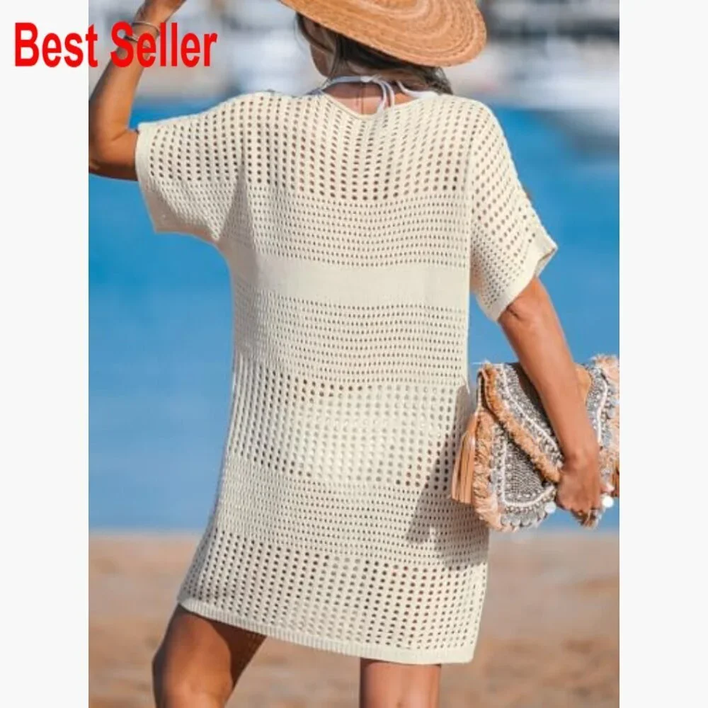 Crochet Swimsuit Cover Up Short Sleeve Beach Dress V Neck